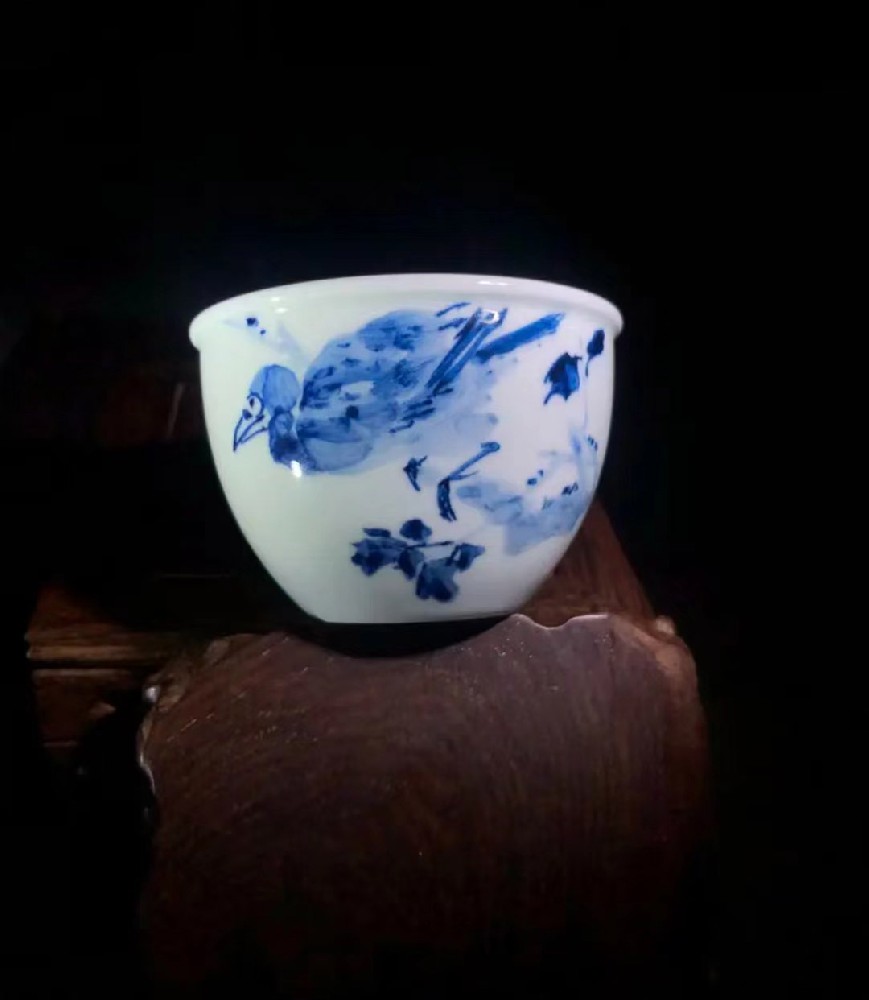 陶瓷纯手工手绘国画大写意青花主人缸杯柴窑全手工釉下青