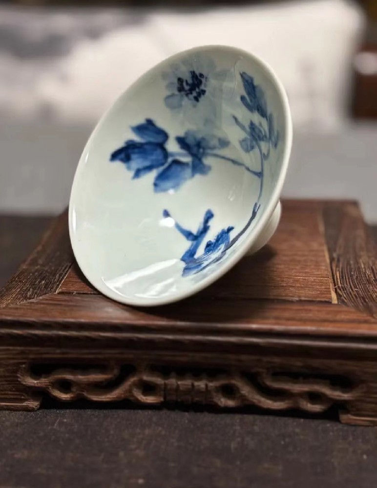 大写意国画牡丹青花瓷主人茶杯柴窑斗笠杯